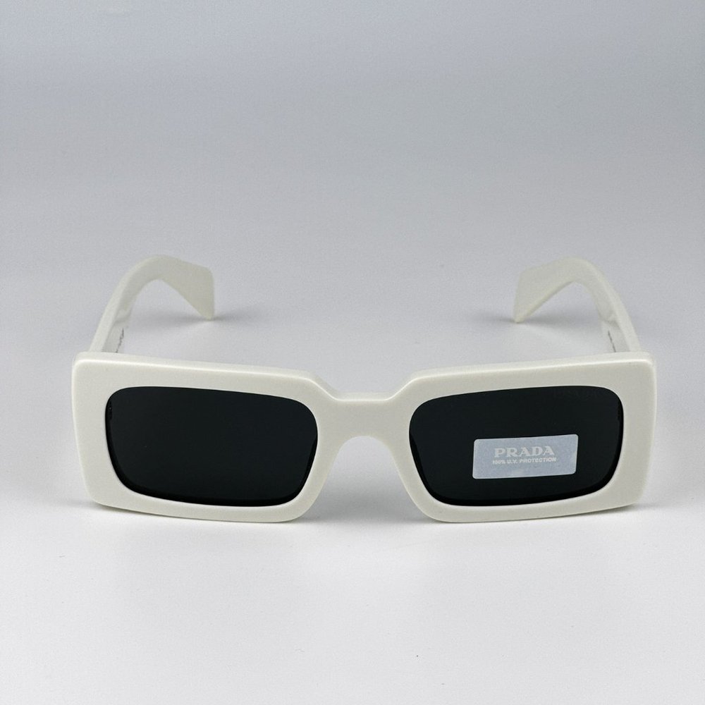 Prada PR A07S 1425S0 Sunglasses Talc White Dark Grey Rectangle Unisex - Picture 5 of 10